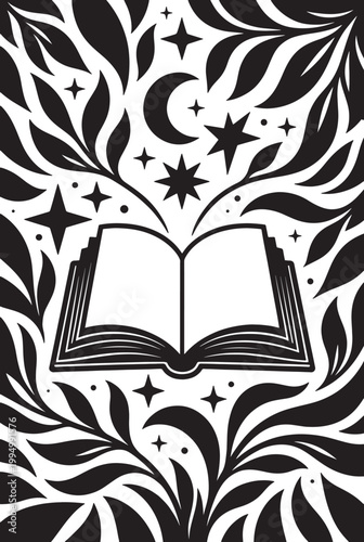 An open book surrounded by celestial moon and star patterns with organic flowing leaf silhouettes Vector