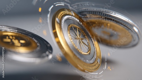 Close-up of spinning cryptocurrency coins with golden metallic sheen.