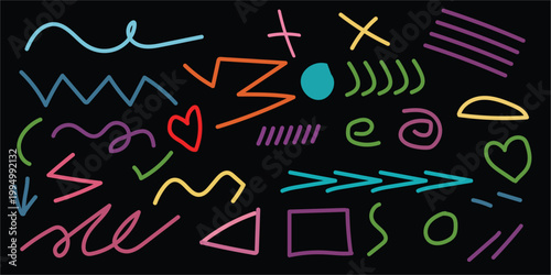 Colorful chalk scribbles on black background abstract artistic expression