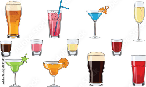 Alcoholic drinks illustration set. Cocktail, beer, wine, and liquor glasses collection. Colorful beverage vector for bar menu, party design, and restaurant branding.