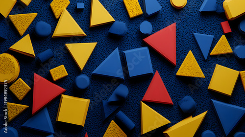 Abstract Geometric Composition with Colorful 3D Shapes Including Triangles Squares and Circles on a Textured Blue Background