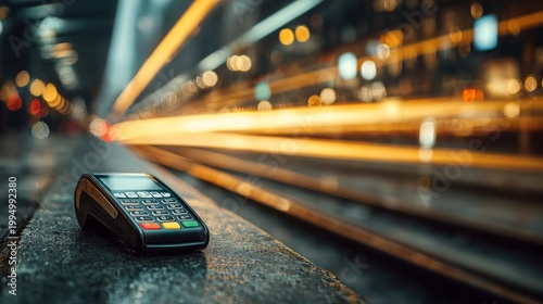 Contactless Payment Terminal in Motion Blur Cityscape at Night.