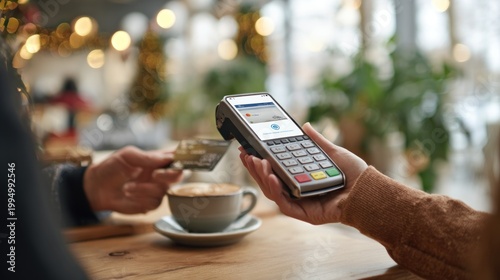 Customer paying with credit card at coffee shop counter with contactless payment terminal.