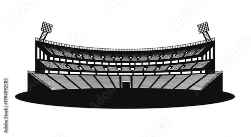 Black and white illustration of a large sports stadium with tiered seating
