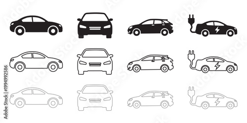 Car solid and line art icon set. car front, car side, electric car, car charging, stock vector on a white background