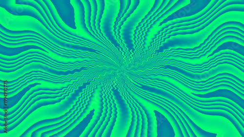 “Abstract optical illusion with swirling green blue wavy lines radiating outward forming dynamic vortex spiral motion depth pattern”