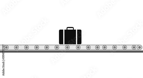 A lone suitcase travels along a black conveyor belt system