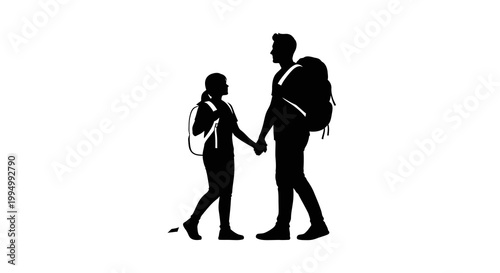 Couple holding hands while hiking depicted as a black silhouette
