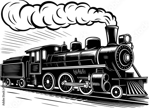 Vintage steam locomotive train emitting smoke, black and white retro