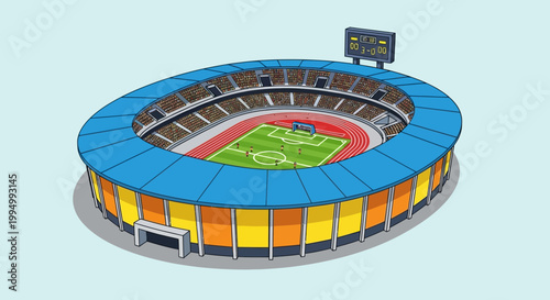 Cartoon illustration of an empty oval soccer stadium with a green field