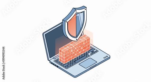 Isometric Cybersecurity Concept Featuring Laptop with Firewall Brick Wall and Security Shield for Data Protection