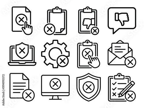 Set of negative icons with cross symbol in circle no entry error message stop sign bad review thumb down forbidden