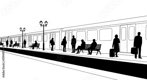 People wait on a train platform in a stark black and white illustration