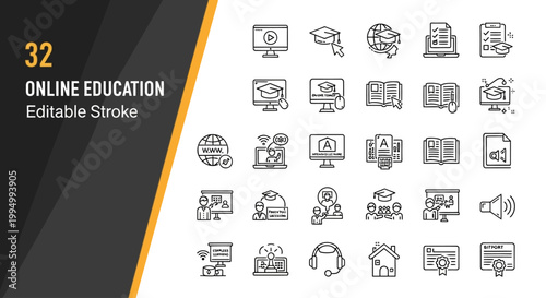 Online education line icons set, 32 e-learning and digital school vector symbols, editable stroke distance learning and remote study web elements