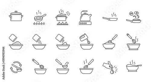 Minimalist cooking instruction icons, 18 food preparation line art symbols, kitchen utensil and culinary process vector set for recipe manuals