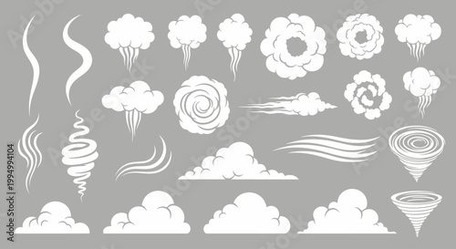 Cartoon smoke and steam clouds vector set, white comic explosion and wind effects, flat motion trail and puff elements for animation