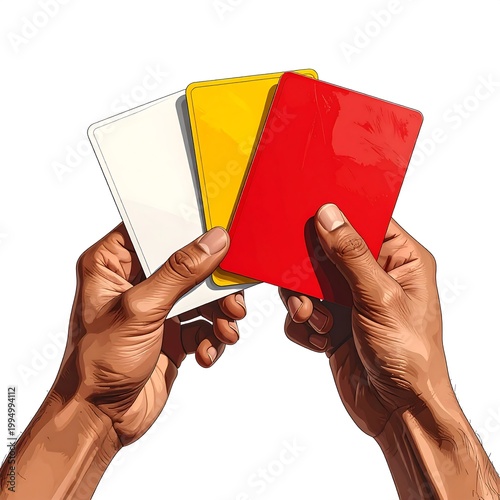 Referee holding red yellow cards.