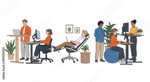 Ergonomic office workspace vector set, diverse people working at standing desks and adjustable chairs, modern healthy workplace environment