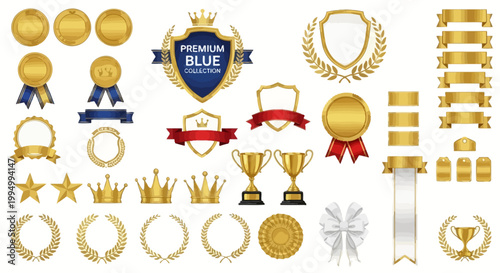 Golden award badges and premium blue collection vector set, luxury trophy cups and laurel wreaths, elegant gold ribbons and crowns for achievement