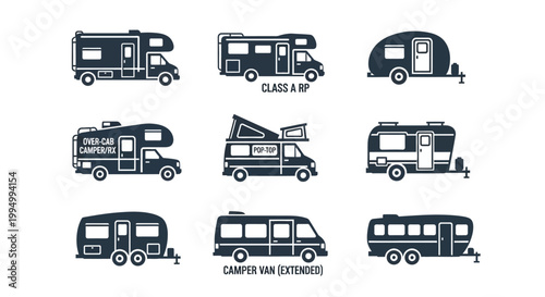 Recreational vehicle flat icons set, 9 camper van and motorhome silhouettes, travel trailer and caravan vector illustrations for camping maps