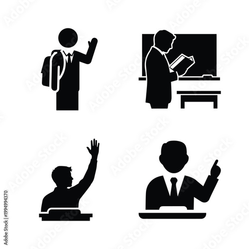 Teacher and students in classroom raising hands asking questions for education