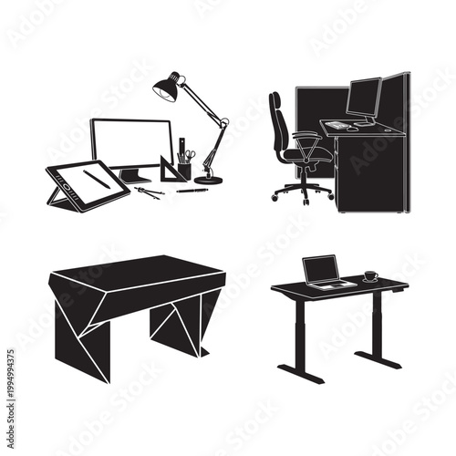 Digital Artist Workspace and Graphic Design Tablet Silhouette Icons.