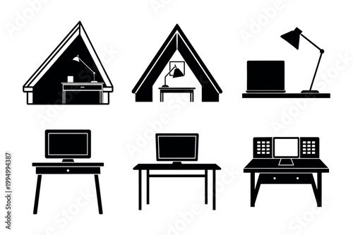 Attic Home Office and A Frame Workspace Silhouette Icons.