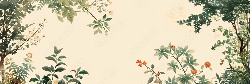 Obraz premium Botanical illustration with greenery and flower branches forming a frame on a light background. Banner with copy space