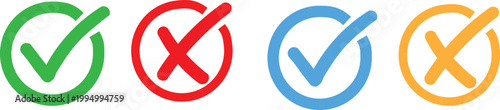 Colorful checkmarks and crosses icons for approval and rejection  symbols for correct and incorrect choices
