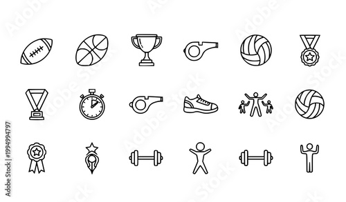 Sports outline icon set with football basketball gym equipment and competition symbols in minimal linear style isolated on white