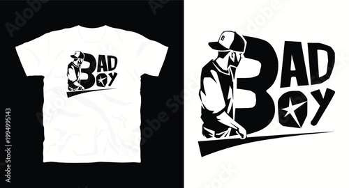 Bad boy t-shirt design with dj boy silhouette and stylized typography cool urban style.