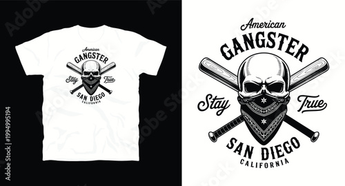 American gangster t-shirt design with skull wearing bandana and crossed baseball bats in san diego california style.