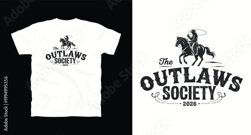 Outlaws society 2026 t-shirt design with cowboy riding horse graphic and retro styling.