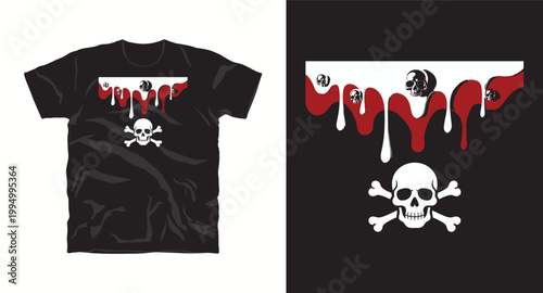Skull and crossbones t-shirt design with red and white dripping blood effect and spooky elements.