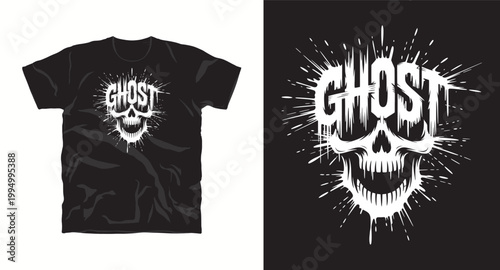 Ghost skull t-shirt design with shattered splash effect and grunge typography.