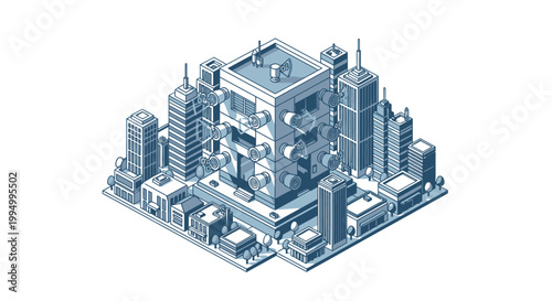 Futuristic Isometric City Block with Central Broadcast Building and Massive Loudspeakers Representing Mass Communication and 6G Wireless Technology