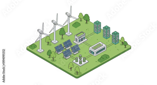 Renewable Energy Smart Grid Isometric Illustration with Wind Turbines Solar Panels and Battery Storage for Green City Infrastructure