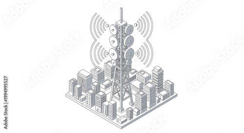 Isometric Telecommunications Tower Emitting Wireless Signals over City Buildings, 5G Network and Urban Connectivity Concept Illustration