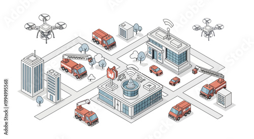 Smart City Emergency Fire Rescue Isometric Illustration with Fire Trucks, Surveillance Drones, and Command Center for Urban Safety and Public Security