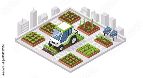 Isometric Smart Urban Farming Rooftop Garden Illustration with Robotic Tractor and Solar Panels