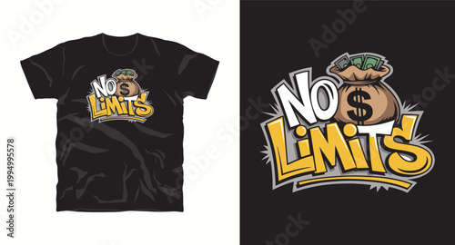 Money bag and bold text no limits t-shirt design.