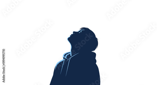 Silhouette of a young person looking upwards against a white background