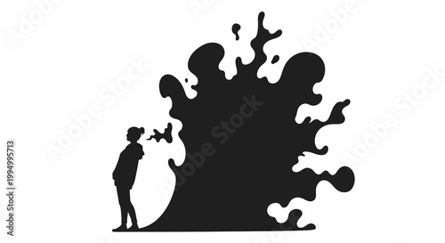 A small figure stands before a large abstract inkblot silhouette
