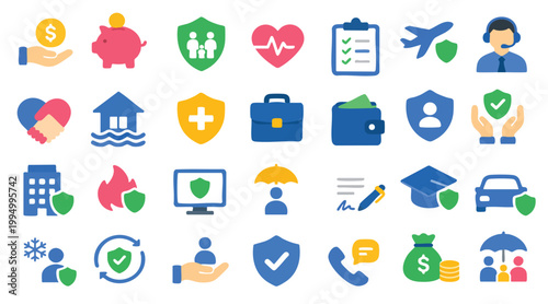 Financial insurance icon set protection risk management healthcare and business security flat