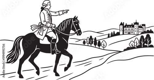 Vintage illustration of man on horse pointing to castle
