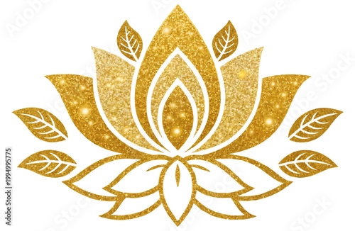 Golden Vector illustration of lotus and lotus leaves decorated with gold glitter