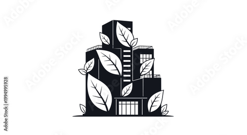 A black and white illustration of a building integrated with foliage