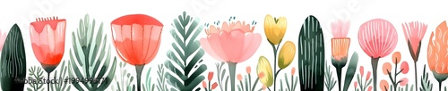 Hand drawn floral border with vibrant watercolor flowers and green leaves. Decorative nature frame with plant illustration. Banner with copy space