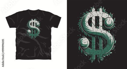 Cracked dollar sign t-shirt design with stone texture and green leaf accents on dark background.