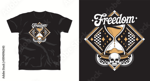 Freedom hourglass t-shirt design featuring skull and vintage aesthetic with sand flowing in glass.